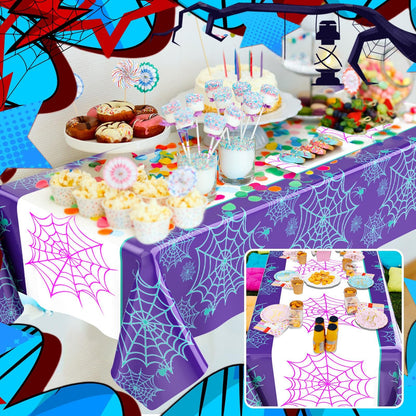 Oudain 3 Pack Spider Theme Birthday Decorations Halloween Purple Black Red Green Pink Web Bat Tablecloth Cartoon Table Cover Party Favor for Birthday(Web,Purple, Black, Red)