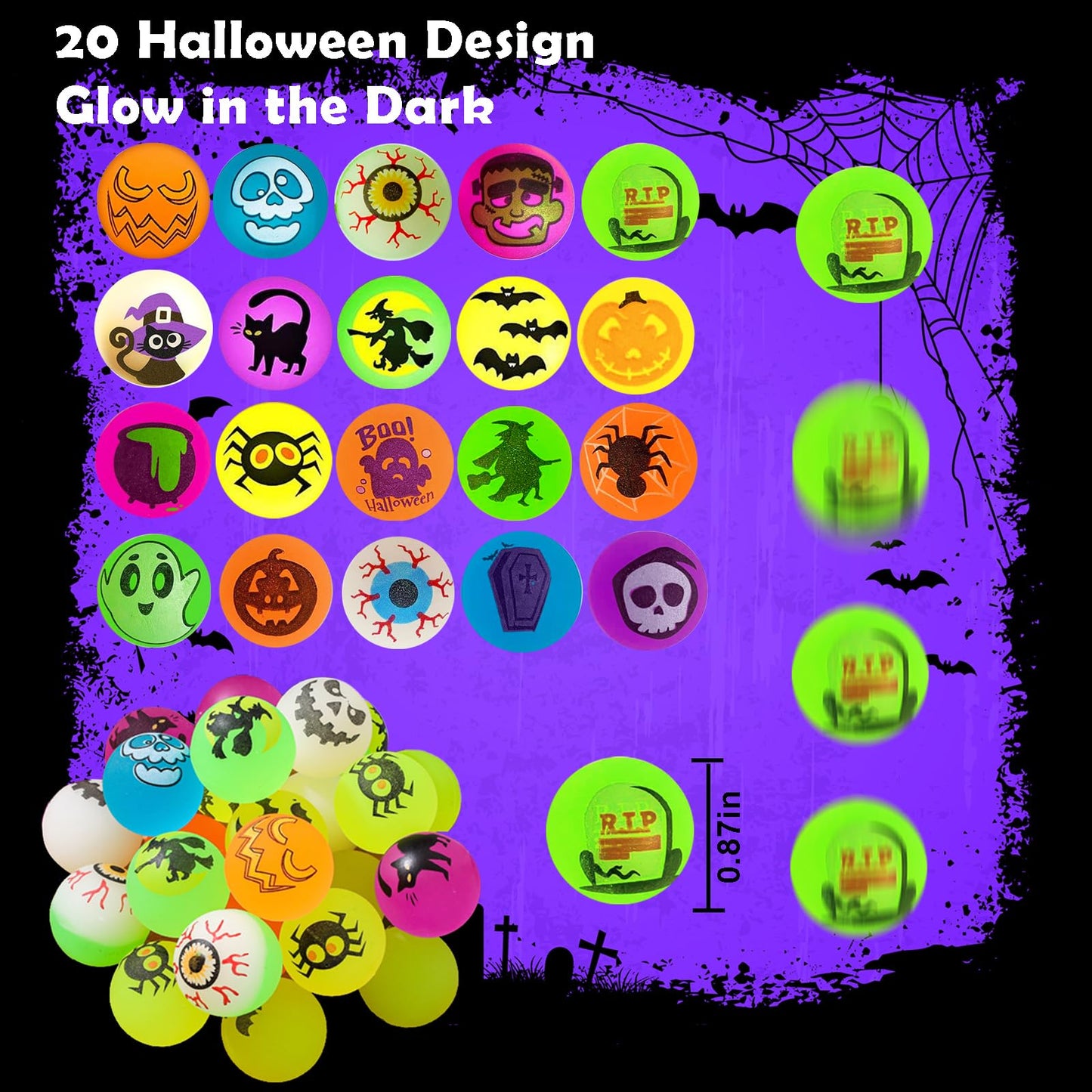 SUNPROUND 100Pcs Halloween Bouncy Balls, Glow in The Dark Bouncing Balls Eyeballs for Halloween Party Favors,Goodie Bag Fillers, Trick or Treating, Classroom Game Prizes
