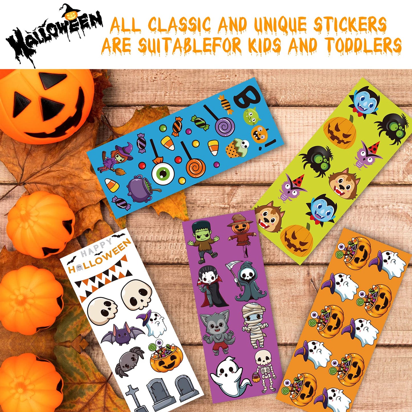 kortes 100-Sheets Kids Halloween Stickers Over 1320pcs, Vinyl Waterproof Halloween Pumpkin Stickers for Kids Halloween Party Favors