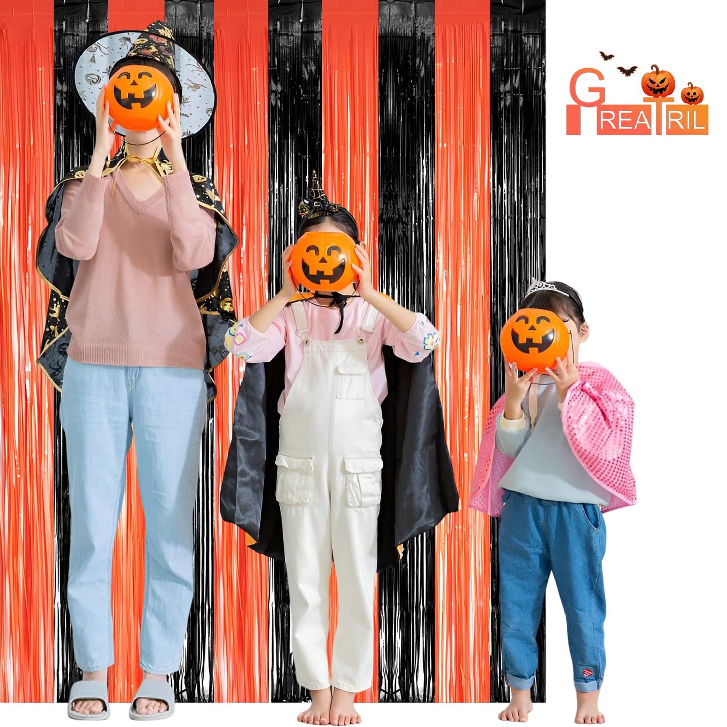 Black Orange Streamers Party Backdrop - GREATRIL Tinsel Fringe Curtain for Halloween Decorations/Pumpkin/Birthdays Party Decoration - 3.2ft X 8.2ft - 2 Packs