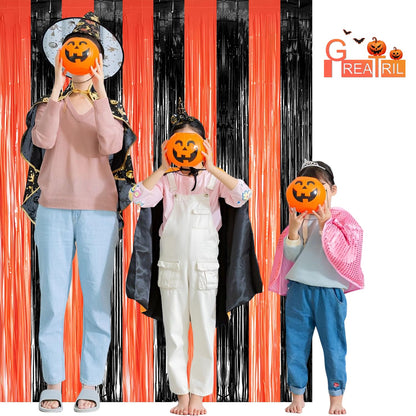 Black Orange Streamers Party Backdrop - GREATRIL Tinsel Fringe Curtain for Halloween Decorations/Pumpkin/Birthdays Party Decoration - 3.2ft X 8.2ft - 2 Packs