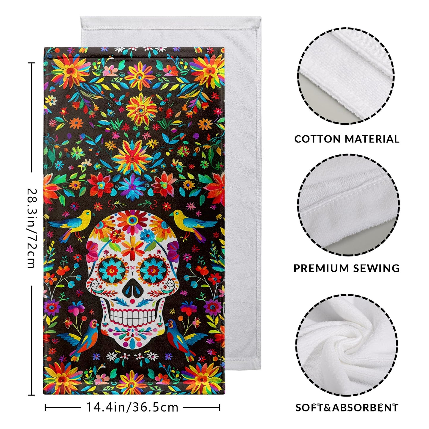 Cneztholim Day of The Dead Hand Towels Mexican Skull Kitchen Dish Towel Halloween Skeleton Floral Bathroom Towels Soft Absorbent Towel Set with Birds for Home Decor