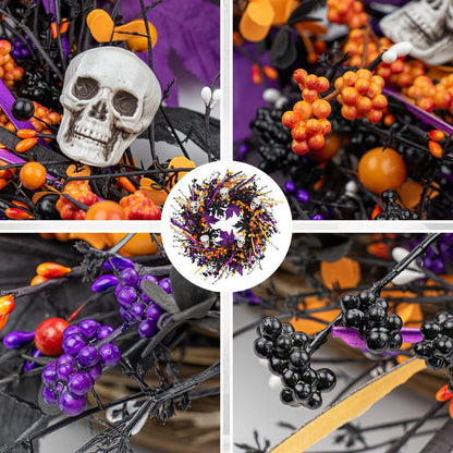 LLZLL Halloween Wreaths for Front Door 22 Inch Halloween Wreath Artificial Skull Wreath with Maple Leaves and Berries for Gothic Decoration