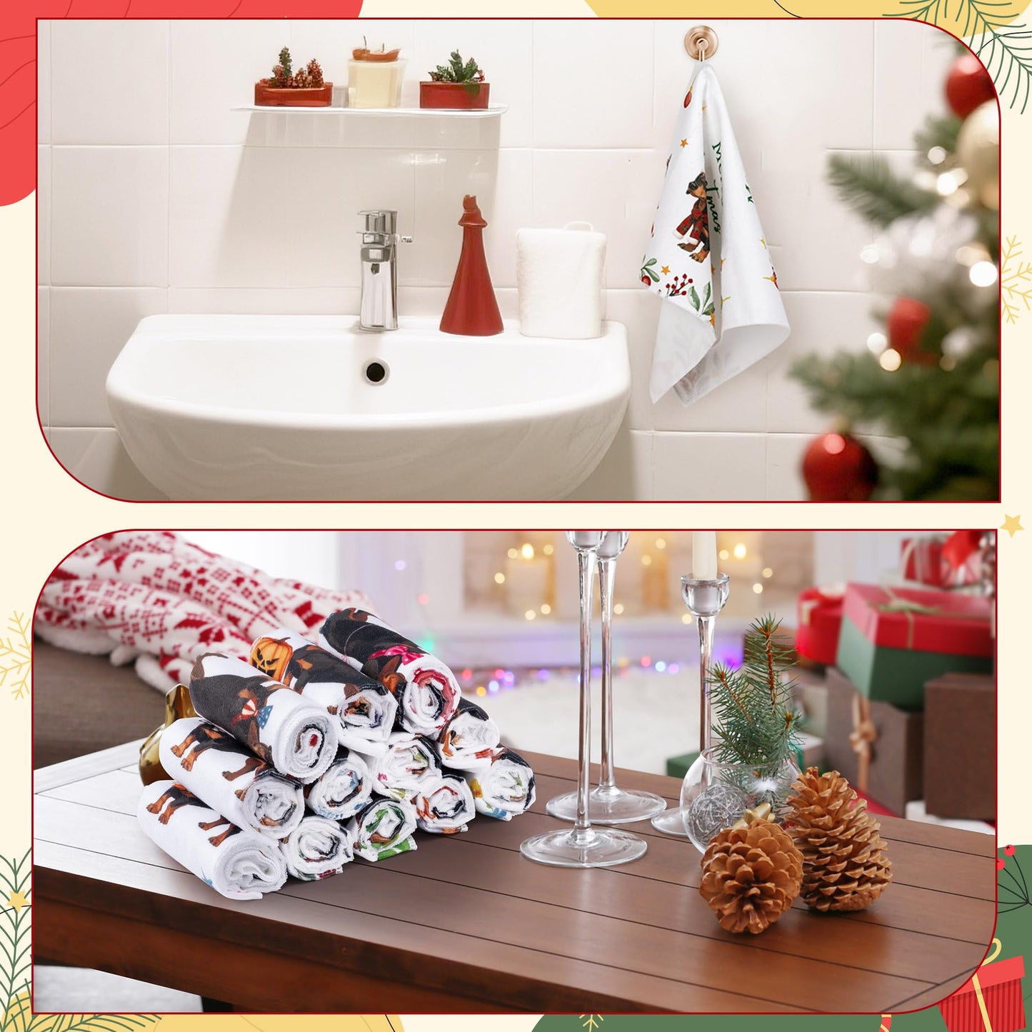 WATINC Seasonal Kitchen Hand Towels - 12pcs Dish Tea Towel Set for Home Kitchen Bathroom Holiday Decorative, Fun Wash Cloth Dishcloth for Summer Fall 4th of July Halloween Decor Gift (Dog Style)