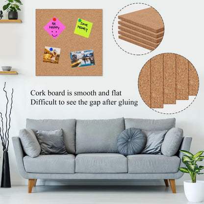 NACHLYNN Cork Board 12 Pack 12 x 12 Self-Adhesive Corkboards for Wall Square Bulletin Board with 100 Push Pins Frameless Cork Tiles for Walls Home Office