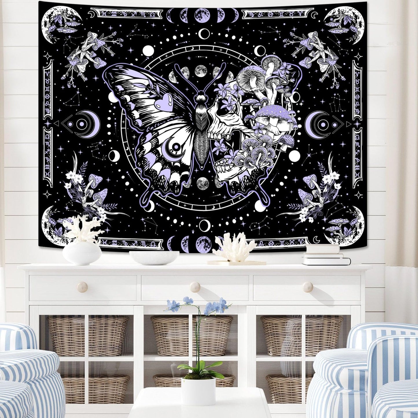 Fungarth Skeleton Butterfly Tapestry Purple Skull Hippie Mushroom Plants Tapestry for Bedroom Moon phase Aesthetic Tapestries Wall Hanging for Living Room Dorm (44.00” x 60.00”, Purple)