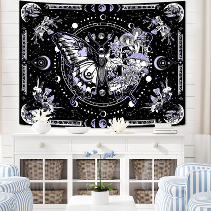 Fungarth Skeleton Butterfly Tapestry Purple Skull Hippie Mushroom Plants Tapestry for Bedroom Moon phase Aesthetic Tapestries Wall Hanging for Living Room Dorm (44.00” x 60.00”, Purple)
