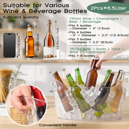Acellegic 2 Pack 6.5l Ice Bucket for Party, Clear Plastic Champagne Cooler with Ice Scoop & Metal Bottle Opener, Large Portable Drink Beverage Tub for Beer & Mimosa Bar Supplies