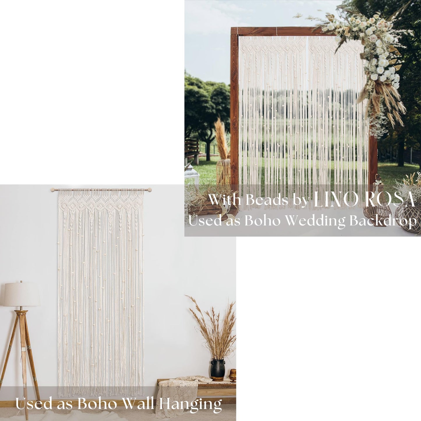 Lino Rosa Beaded Curtain for Doorway, Boho Beads Closet Curtain for Open Closet, Hanging Room Divider for Room Separation, 36" W x 80" L, Cream