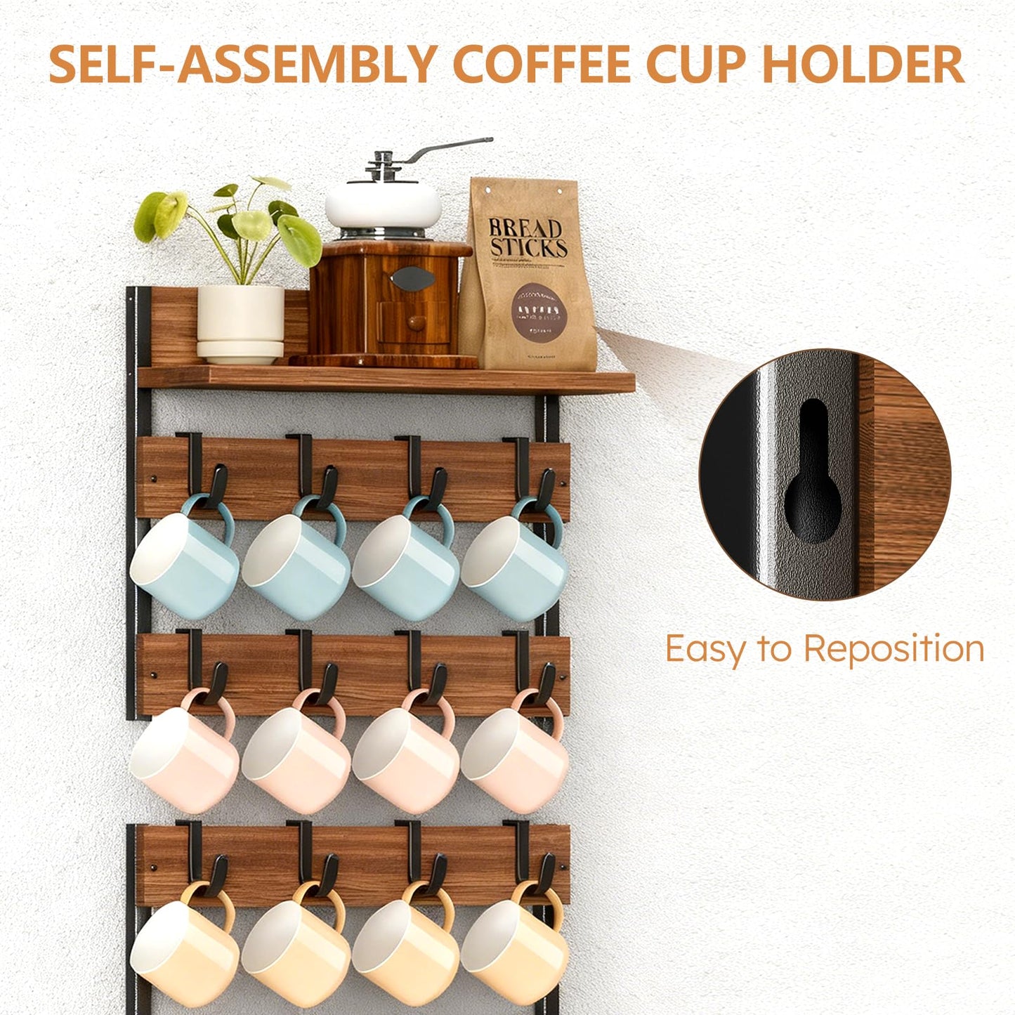 Dhmkfly 2-in-1 Coffee Cup Holder Wall Mounted, 4-Tier Coffee Mug Holder Wall Mount with 16 Adjustable Hooks and Display Shelf, Wooden Mug Rack Hanger Organizer for Home Kitchen Display and Collection
