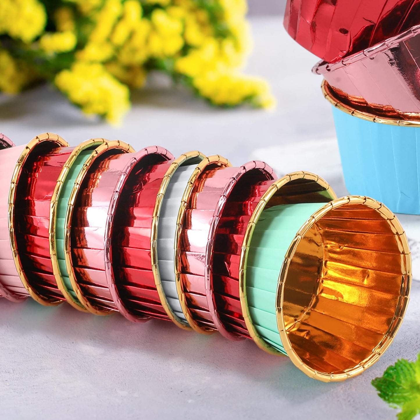 TRUSBER Red and Gold Foil Cupcake Liners,100 pcs Disposable Muffin Liners 3.5 Oz Wrappers for Baking, Metallic Muffin Paper Cases Baking Cups Valentines Day, Mother's Day Cupcake Liners