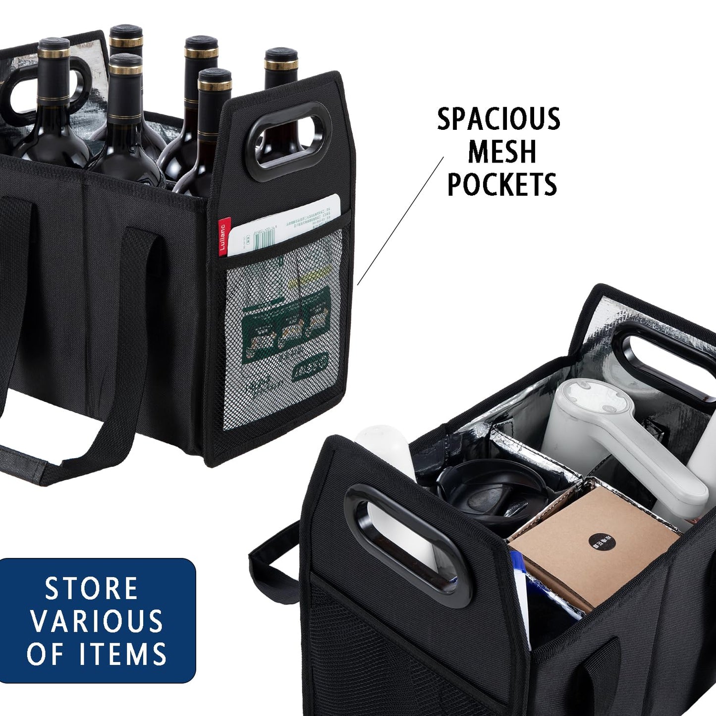 LUILANC 6 Bottle Wine Carrier Collapsible Reusable Portable Wine Bottle Carrier Case for Tote Bag Moving, Vacation Bottle Caddy Grocery Shopping Wine Tasting Accessory, Black