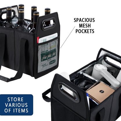 LUILANC 6 Bottle Wine Carrier Collapsible Reusable Portable Wine Bottle Carrier Case for Tote Bag Moving, Vacation Bottle Caddy Grocery Shopping Wine Tasting Accessory, Black