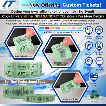 INDIANA TICKET CO. Double Roll Raffle Tickets, 8 Rolls of 1,000, 1 Roll Each Red, Blue, Orange, Purple, Green, White, Pink & Yellow, Tickets Events, Class Rewards, Fundraiser & Prizes(Pack of 8)