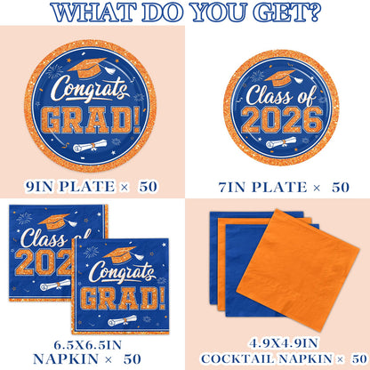 Gexlaju Graduation Plates and Napkins 2026,200pcs Orange and Blue Graduation Decorations 2026 Disposable Congrats Grad Paper Plates for Class Of 2026 Party Supplies,Serve 50