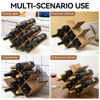 KIRIGEN Wooden 8-Bottle Wine Rack, 3-Tier Countertop Wine Bottle Holder for Cabinets, Bar Cart, Kitchen Counter, Pantry, Dining Room, 16.73 x 5.9 x 11.14 in, XHJJ3-DBR