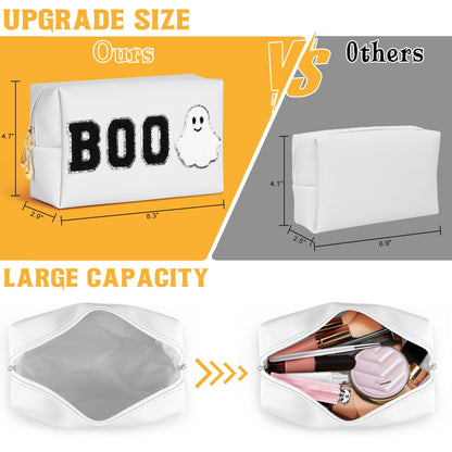 Dripkiaa Halloween Makeup Bag Chenille Patch Travel Cosmetic Bag Organizer Large Capacity Toiletry Bag Make Up Bags Cosmetic Pouch, Boo Basket Gifts for Women, Girls - White