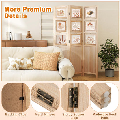 Giantex 3 Panel Room Divider with 9 Rotating Picture Frames, 67'' Folding Privacy Screen for Photo Display, Freestanding Wood Wall Partition for Room Separation, Bedroom, Office, Natural
