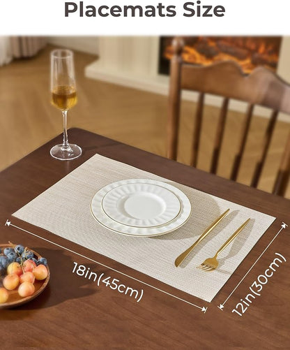 Leetaltree Beige White Placemats Set of 4 - Heat Resistant Non-Slip Place mats for Dining Table, Washable Durable PVC Vinyl Woven Table Mats(Beige White, 4)
