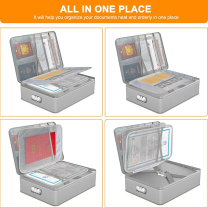 Noiposi Document Organizer with 5200℉ Heat Insulated,Waterproof and Fireproof Document Box,Portable Home Travel Safe Storage Box for Important Documents,File and Birth Certificate，Silver