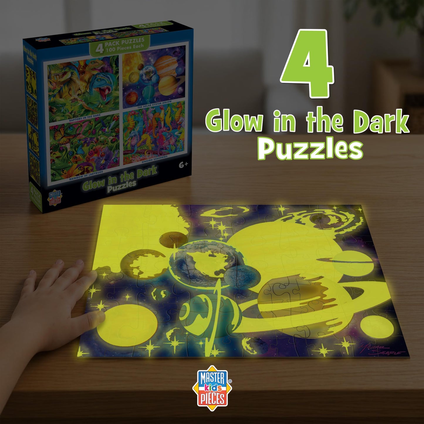 MasterPieces – Jigsaw Puzzle Set for Kids 6+ Years, 4-Pack of 100 Pieces, Educational and Fun Game, Blue Glow in The Dark Collection, Gift Idea for Children, 8" x 10