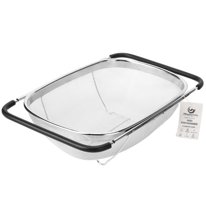 ZDRongZhen Kitchen Accessories Over the Sink Colander Strainer Basket，Stainless Steel Colander with Expandable Rubber Grip Sink Drainer-Rinse Vegetables Fruits &Strain&Drain (Large-Dense round hole)