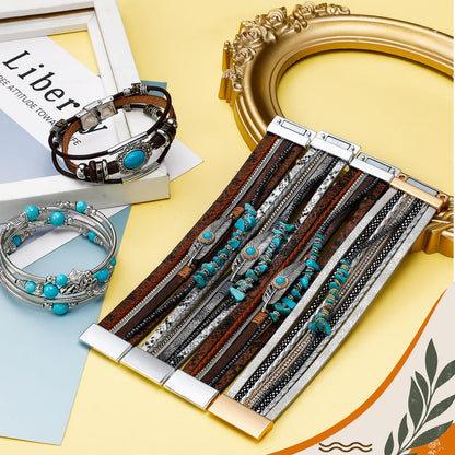 Sasylvia 6 Pcs Turquoise Bracelet for Women Leather Bracelet Western Jewelry for Women Multilayer Boho Cuff Bangle Set(Classic)