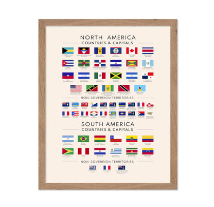 Poster Master Flags of the Americas Poster - North & South American Countries & Capitals Print - Educational Art - Gift for Student & Teacher - Decor for Classroom or Library, 11x14 Beige Framed