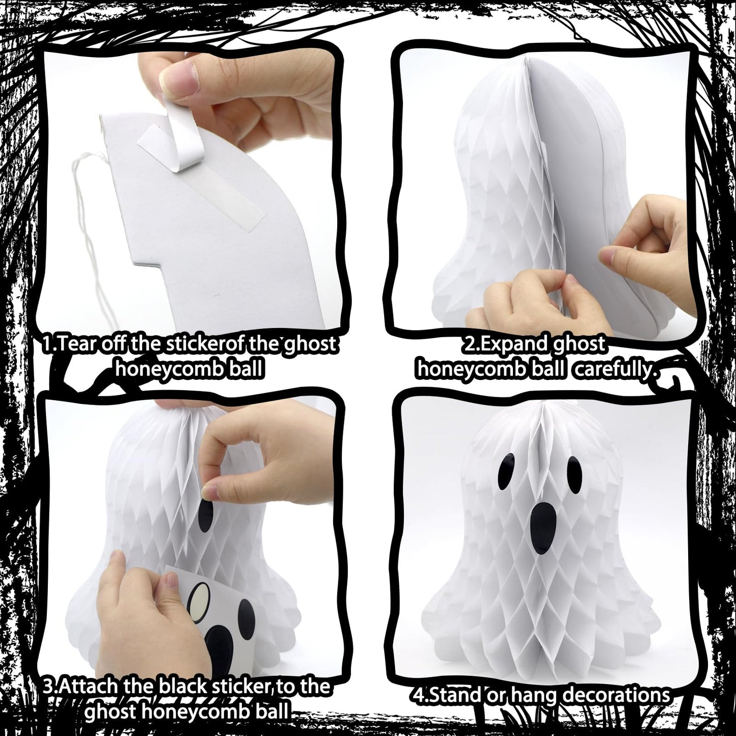 10 PCS Halloween Ornaments Hanging Cute White Black Ghost Honeycomb Decoration Halloween Tree Decorations Paper Ghost Table Decor for Home Office Classroom Holiday Party Supplies