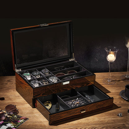 BEWISHOME Men's Wooden Jewelry Box Organizer, 6 Watch and 3 Sunglasses Organizer for Men, Wood Watch Display Case with Glass Lid and PU Leather Interior