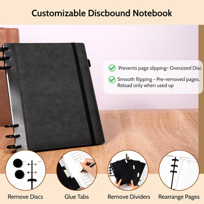 Yoment Refillable Notebooks for Work 5 Subject with Removable Dividers Tabs 240 Pages Hardcover Leather Journals for Writing Large Discbound Planner Colleged Ruled Paper for Men 8.58 x 11,Black