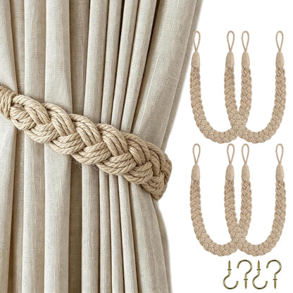 Hand-Braided Faux Linen Curtain Tiebacks with Wall Hooks, Boho Window Curtain Tie Back Holdback, 25 inch Extra Long Rope for Living Room Bedroom, Set of 4,Linen