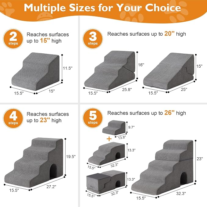 Dog Stairs for Bed 19.5’’ H, 4-Step Dog Steps for High Bed, Pet Stairs for Small Dogs and Cats to Get on Beds, Couch, Non-Slip Balanced Pet Steps and Ramp with Waterproof Cover and Tunnel, Grey