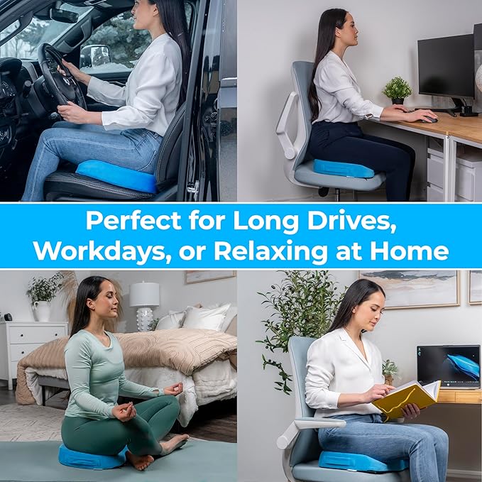 LuminaRest® Gel Seat Cushion for Long Sitting | Premium CertiPUR-US® Certified Memory Foam | Ergonomic Office Chair Cushion for Tailbone & Coccyx Pain Relief, Sciatica & Back Support – (Blue)