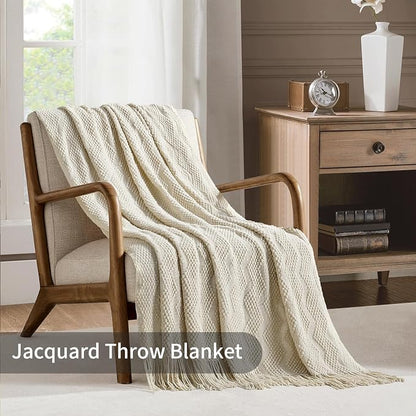 BOURINA Beige Throw Blanket 50x60 Inches Throw Textured Solid Soft Ripple Throws and Blankets for Sofa or Bed Knitted Decorative Throw