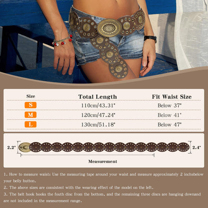 GDfrhao Leather Western Boho Belts for Woman, 39.37inch Concho Vintage Belt for womens Dress Jeans, Country Brown