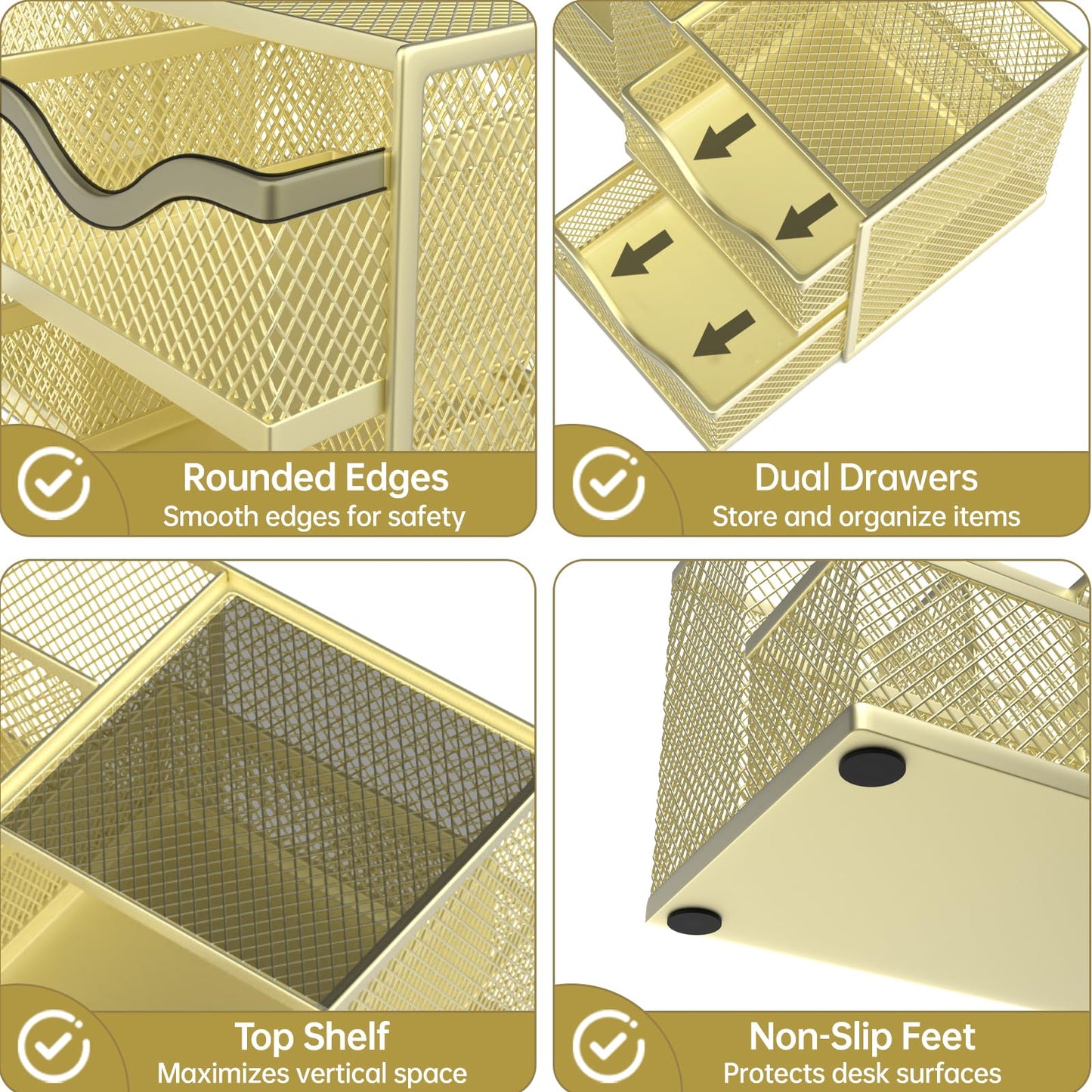 ReePlan Mesh Desk Organizer, Pen Organizer with 2 Drawers and 5 Compartments, Versatile Pen Holder for Small Space, Desk Organizers and Accessories for School Office Supplies, Gold