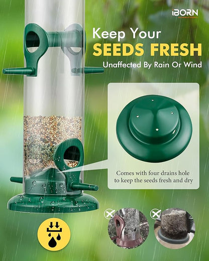 iBorn Metal Bird Feeders Hanging Wild Bird Seed Feeder for Mix Seed Blends, Niger Seed Feeder, Sunflower Heart, Birdbath, Heavy Duty All Metal Green Finishing 15 Inch 4Port