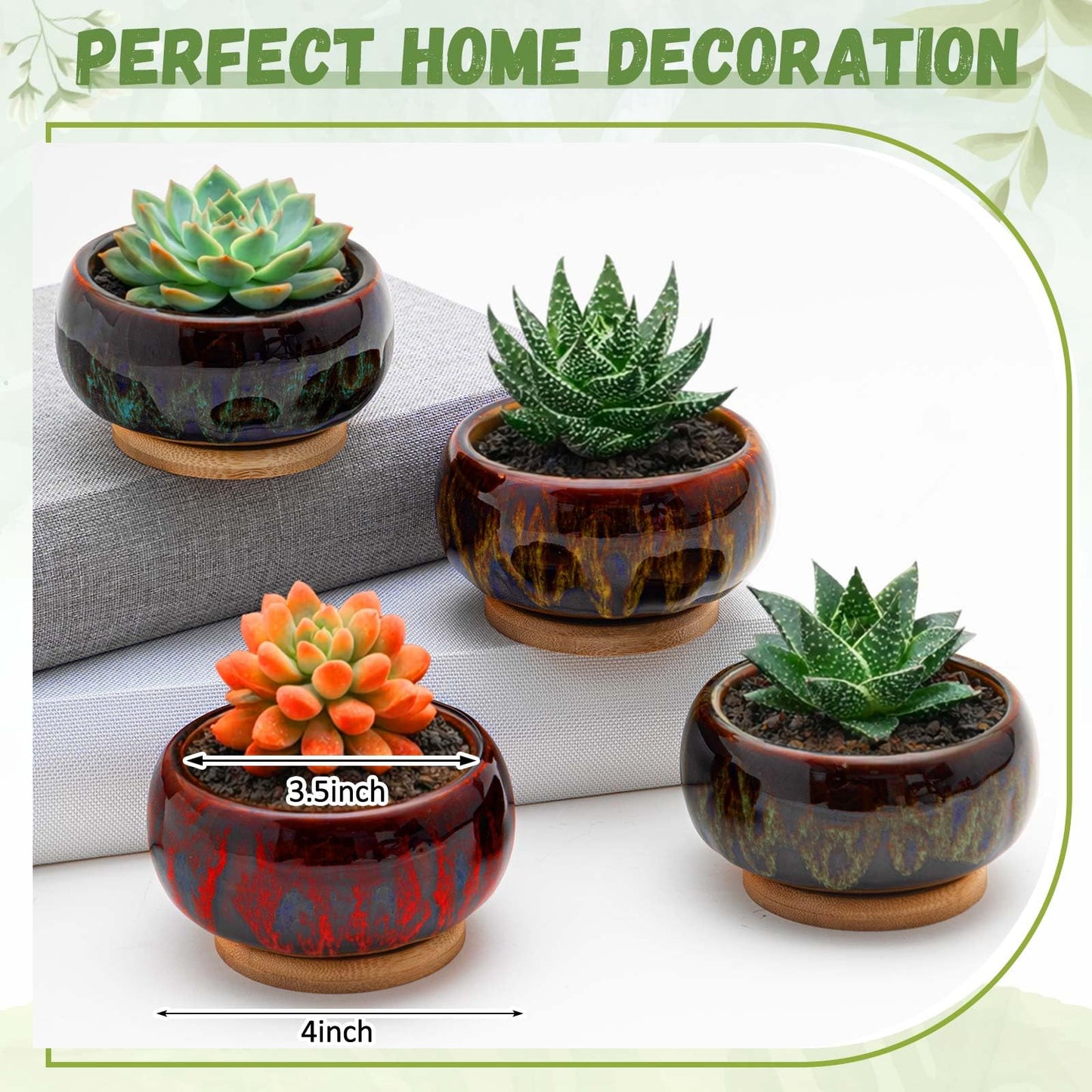 Acellegic 5 Pcs 7.3'' and 4'' Round Large Shallow Succulent Ceramic Planter Pots with Drainage Hole Drip Glazed Shallow Bonsai Pot with Bamboo Tray for Indoor Outdoor Plants Decor Cactus Flower