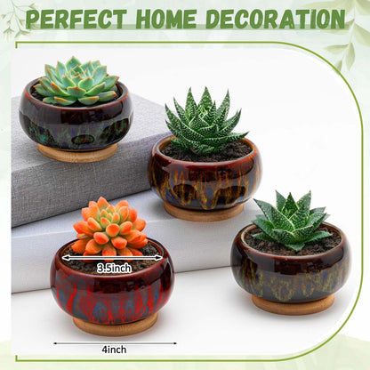 Acellegic 5 Pcs 7.3'' and 4'' Round Large Shallow Succulent Ceramic Planter Pots with Drainage Hole Drip Glazed Shallow Bonsai Pot with Bamboo Tray for Indoor Outdoor Plants Decor Cactus Flower