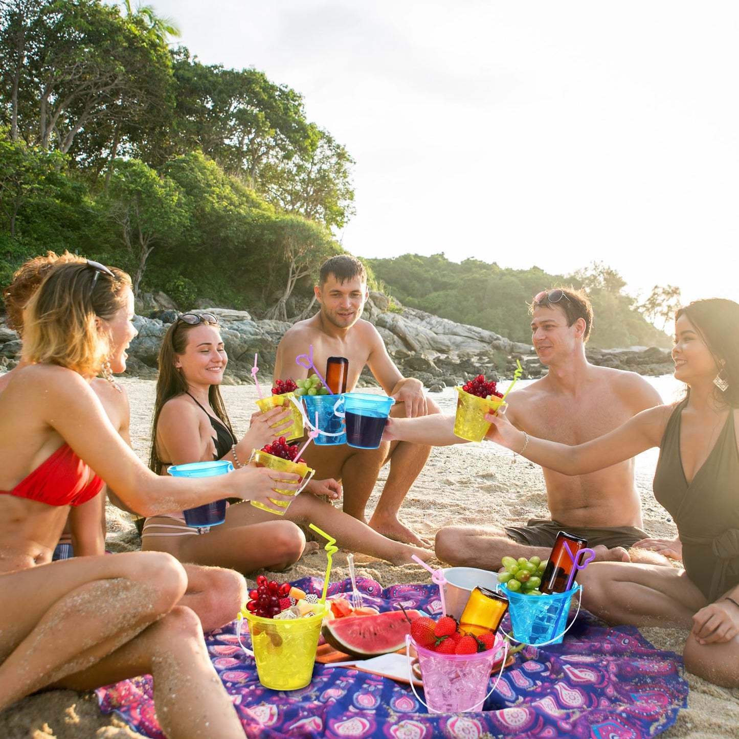 CroBlissful 15 Set 33.8 Ounce Large Beach Drink Buckets with Shovels Disposable Straws Plastic Bucket with Handles for Summer Holiday Party Beach Birthday Party Favors (Glitter)