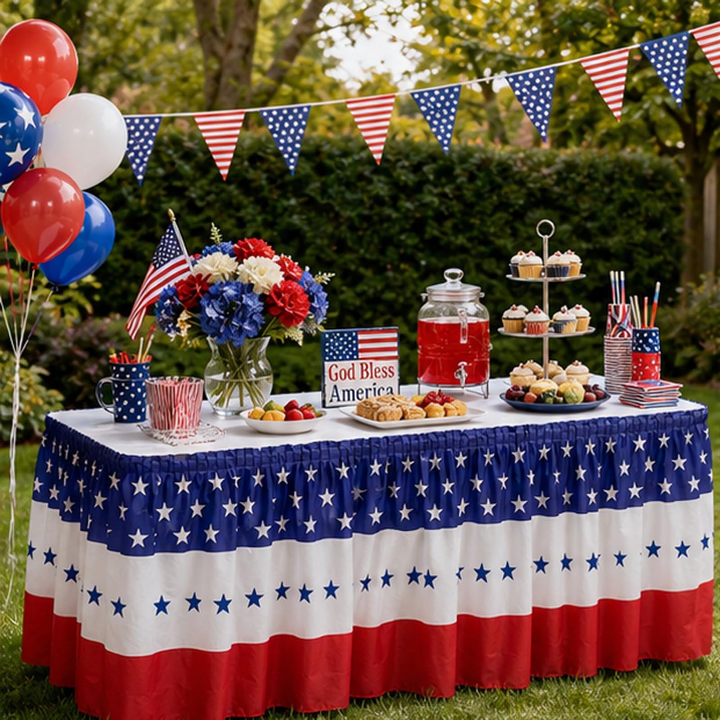 4 Pcs Patriotic 4th of July Table Skirts Disposable Plastic 2.4 x 14.3 Ft 4th of July 250th Anniversary American Star Table Skirt for Independence Day Memorial Day Party Supplies