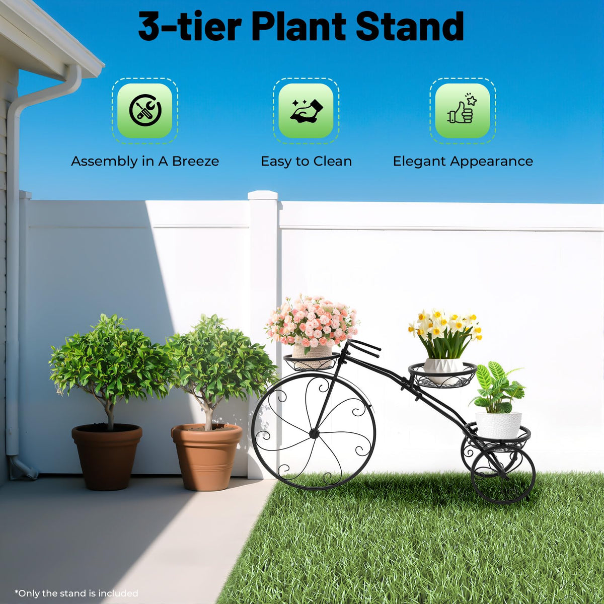 XEJMEOO Flower Cart, Bicycle Planter Stands 3 Tier Tricycle Flower Plant Stand Plant Corner Shelf with 3 Decorative Wheels Parisian Style Flower Display Stand Cart for Terraces Porches Gardens