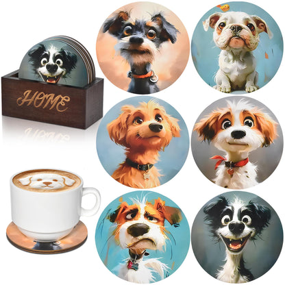 Bar Coaster Set, Drink Coaster for Home Decor, Wood Coffee Coasters 6Pack (Dog)