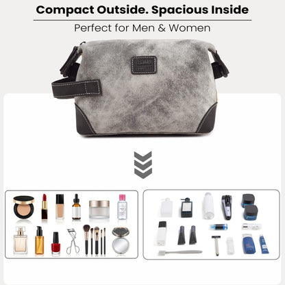 LEATHER VILLAGE Genuine Leather Dopp Kit for Men & Women with Waterproof Lining – Distressed Travel Toiletry Bag, Shaving & Bathroom Essentials Organizer - Distressed Grey