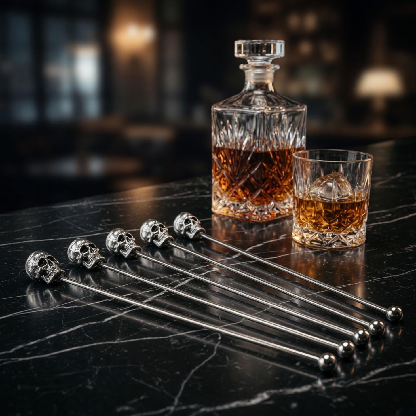 Homestia Skull Swizzle Sticks, 6-Pack 7.5 Inch Stainless Steel Reusable Cocktail Stirrers with Skull Head for Halloween Party Drink Mixer Bar Tools - Dishwasher Safe, Silver