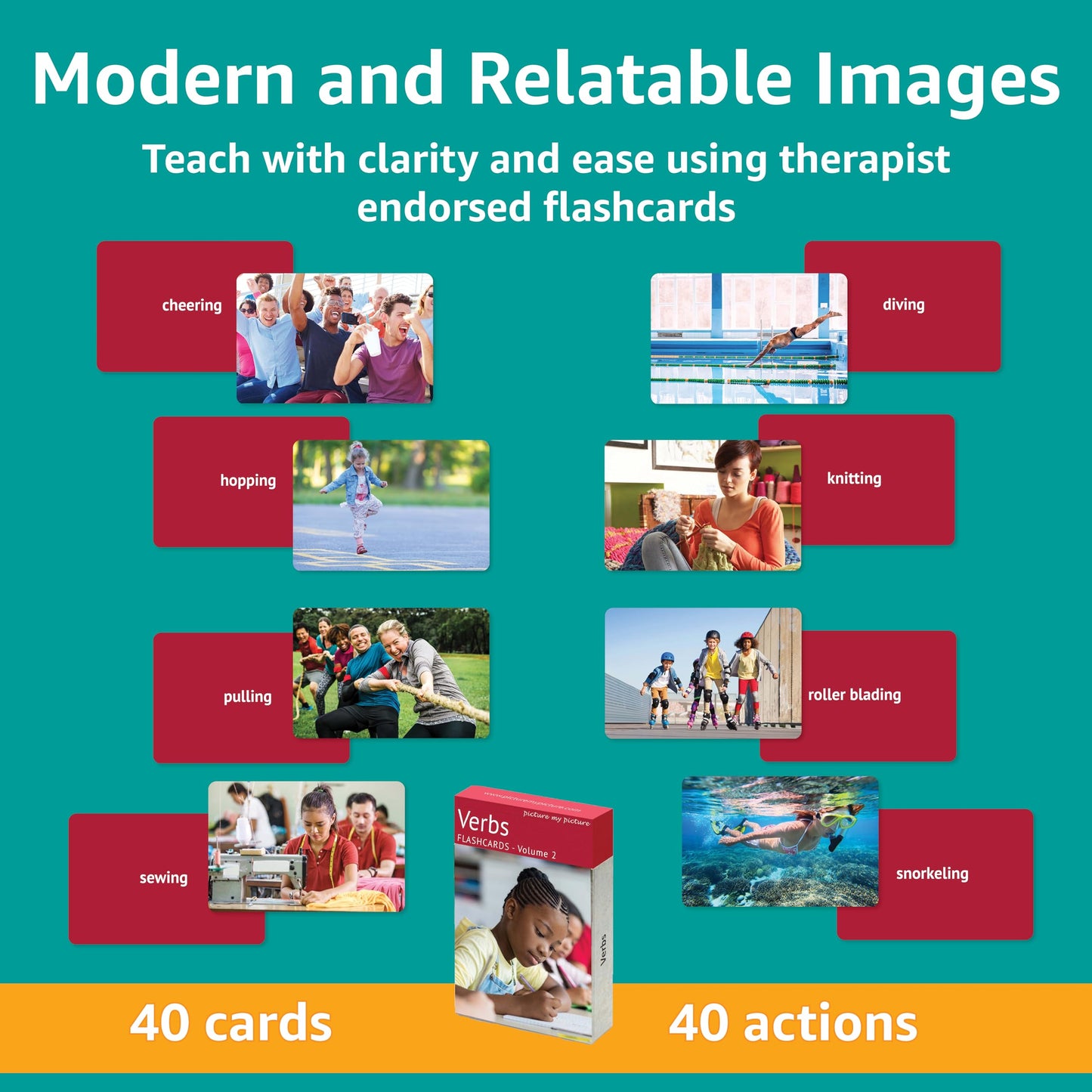 Picture My Picture Verbs Volume 2 Flash Card Set – Speech Therapy Tool for Vocabulary, Communication & Thinking, Scratch-Resistant with Activity Guide, Suitable for Education, ESL & ABA – Set of 40