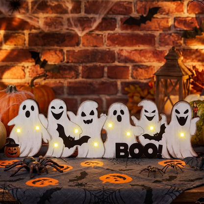 Geetery Halloween Ghost LED Wooden Sign Rustic Wooden Boo Decor Light up Boo Sign Tabletop Centerpiece Decor Ghost Bat Decorations for Halloween Mantel Table Home Indoor Party