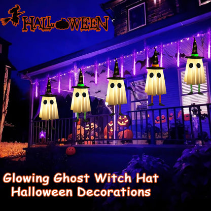 Set of 3 Halloween Hanging Ghosts,Halloween Decorations Outdoor Hanging Ghosts with Witch Hat,Glowing Ghost Witch Hat Light, Halloween Ghost Decor for Yard Patio Garden Tree Outside(3 Ghost Lighted)