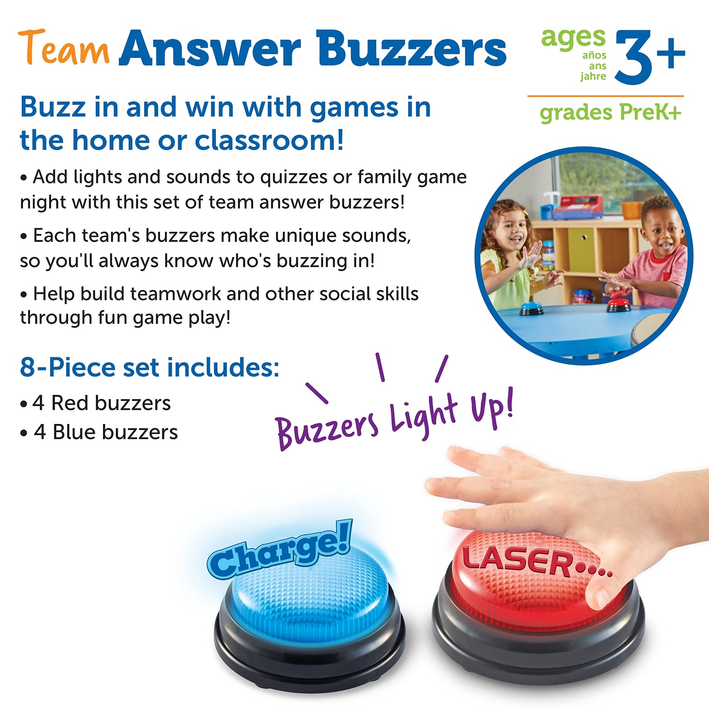 Learning Resources Team Answer Buzzers - Classroom Must Haves Supplies, Sound Effect Button, Family Game Shows for Trivia, Participation Tools, Boys and Girls Birthday Gifts
